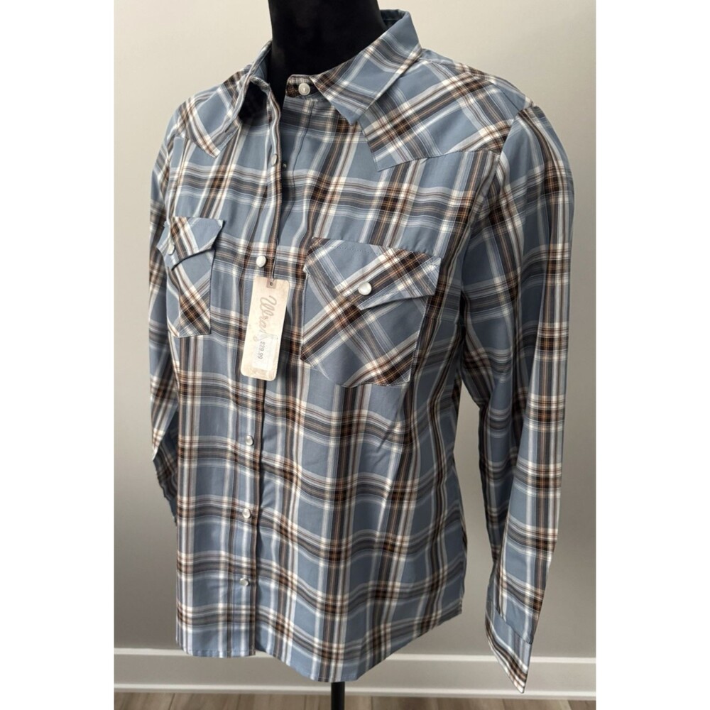 NWT Wrangler Womens L Plaid Blue Pearl Snap Western Rodeo Cowgirl Riding Rodeo